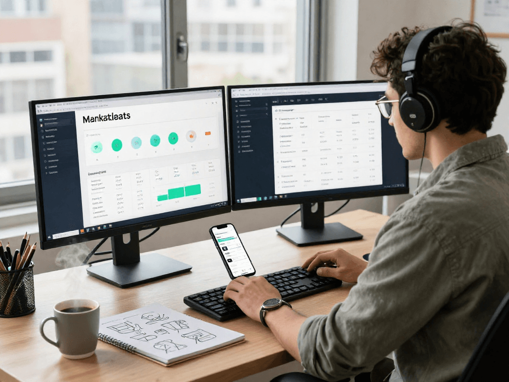 Buy iOS installs with a developer analyzing app downloads and keyword rankings in a modern workspace.