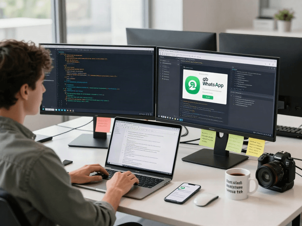 Developer coding with gb Whatsapp interface in modern tech workspace, showcasing a productive environment.