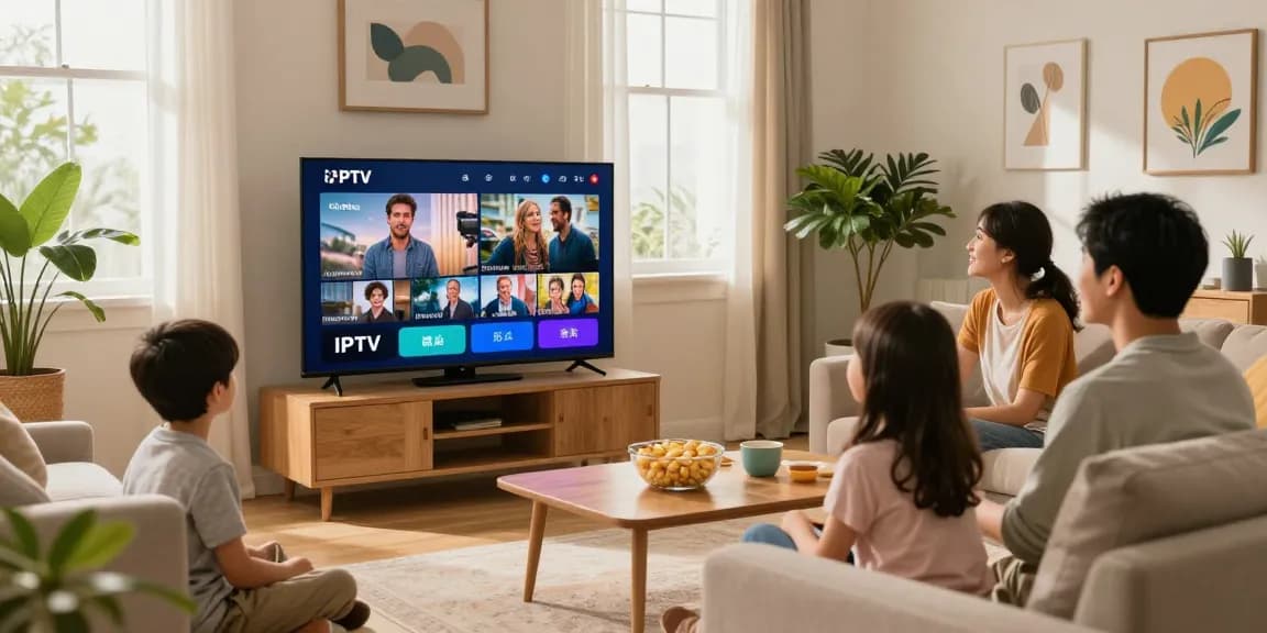 Gezellige woonkamer met gezin dat geniet van hun IPTV abonnement op een slimme tv, met hoge kwaliteit content en een uitnodigende sfeer.