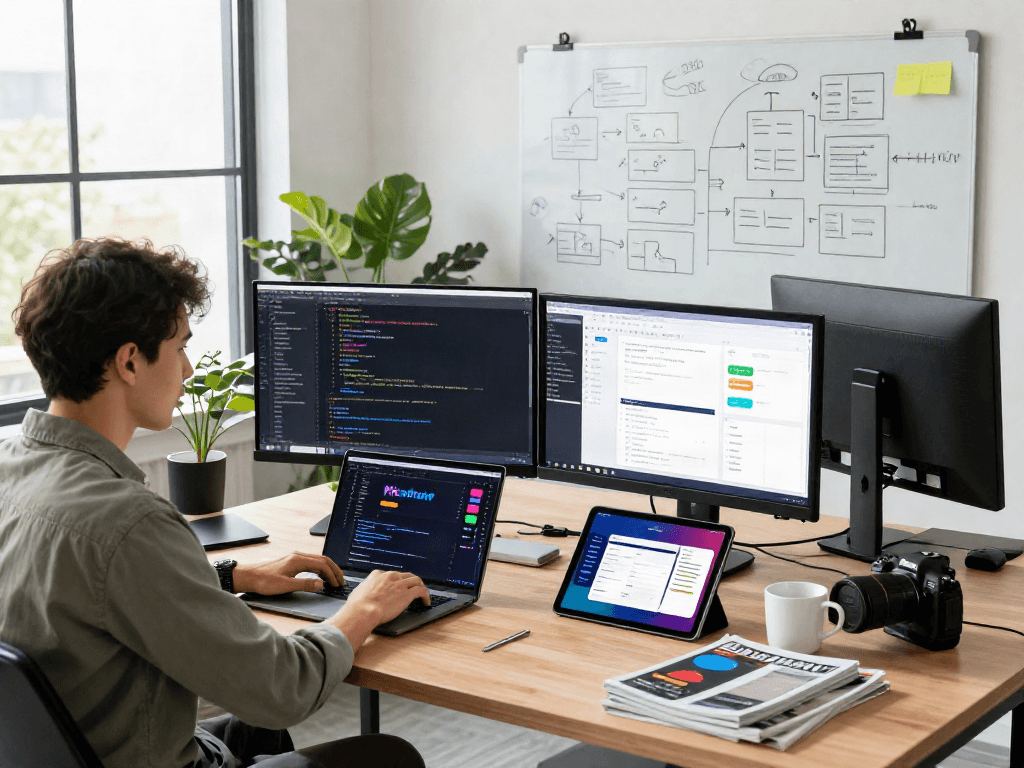 Pikashow apk download showcased in a vibrant mobile app development workspace with code on screen.