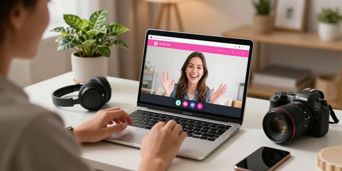 Real-time connection in a pink live chat session on a laptop with warm cozy lighting.
