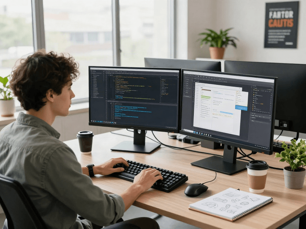 Software engineer coding in a modern workspace with multiple screens and tech gadgets, showcasing pikashow collaboration.