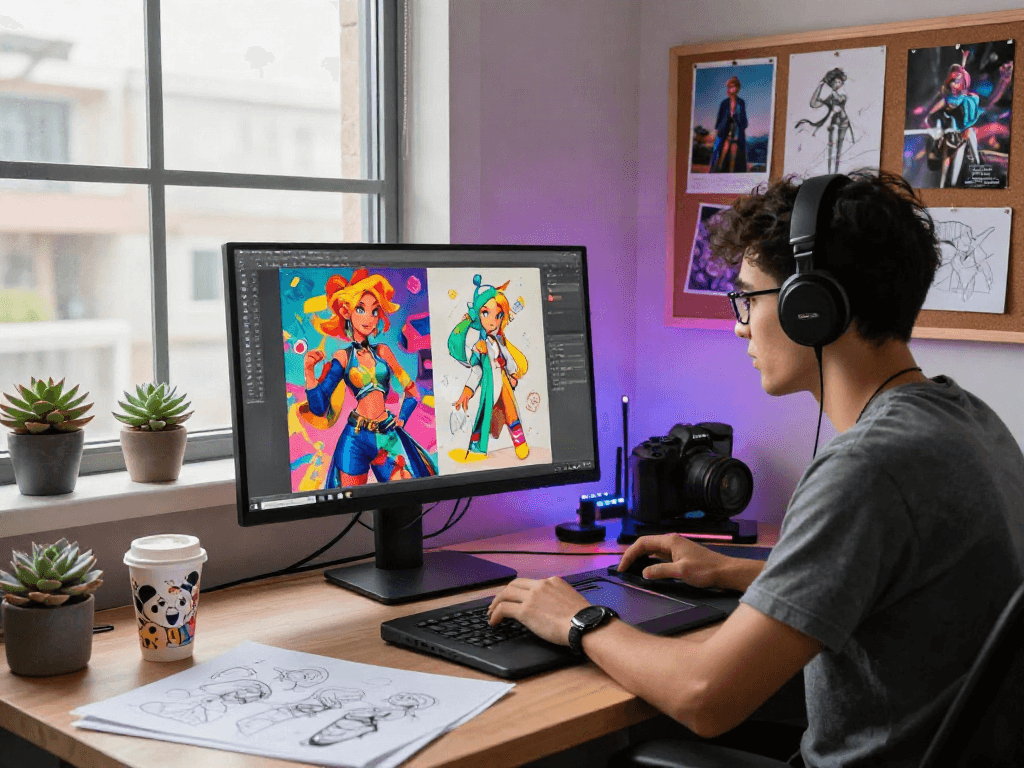 Dynamic artist creating character ai nsfw designs in modern studio.