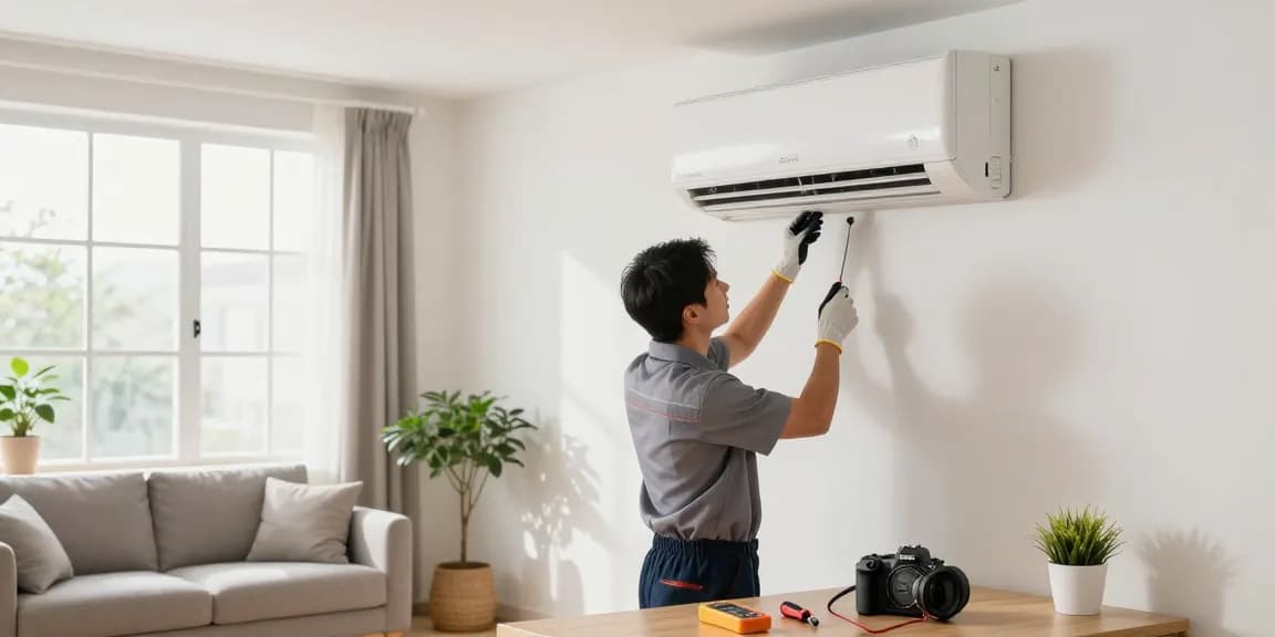 Technician performing Split AC repair in a modern living room, highlighting service expertise.