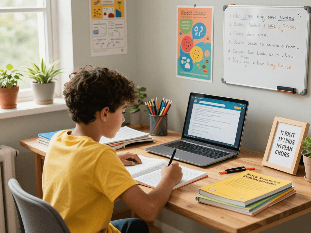 11 plus exam tutors near me, young student studying in a cozy home with books and laptop.