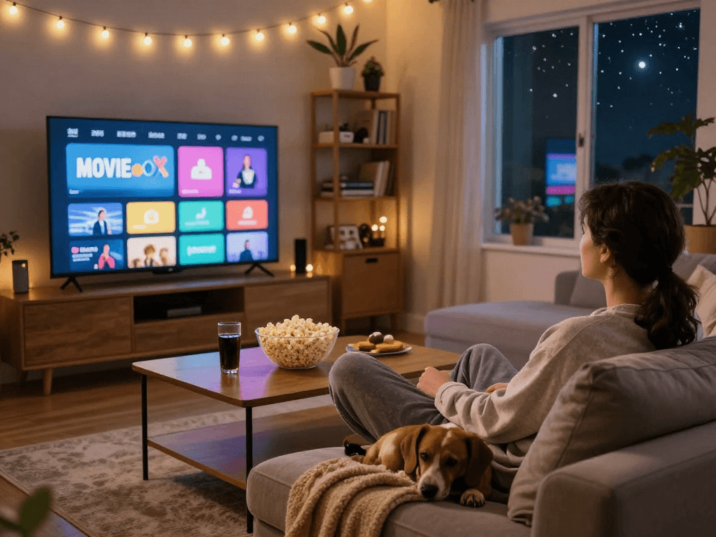 Enjoying Moviebox on a cozy couch with popcorn and a warm atmosphere.