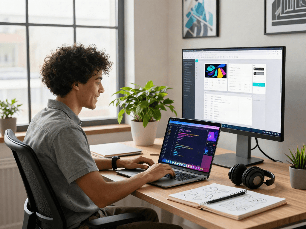 Coding on cocoflix apk in a modern workspace with multiple monitors and vibrant decor.