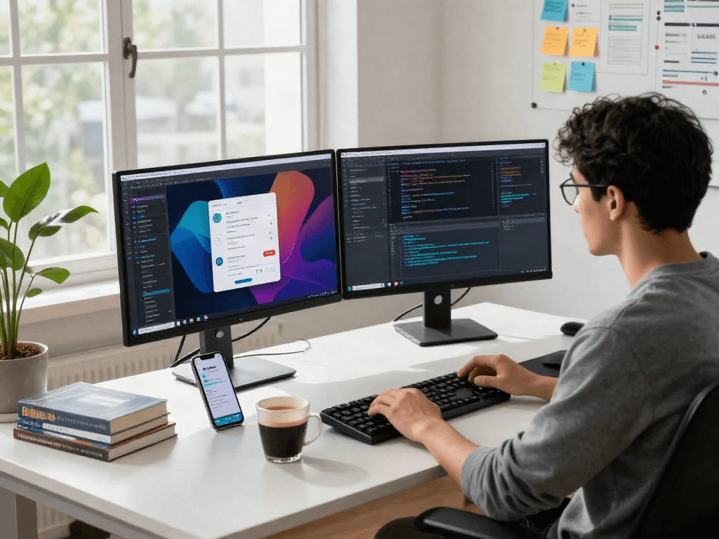 Engaging scene of a developer using spotify mod apk at a modern workspace with coding displays and tech gadgets.