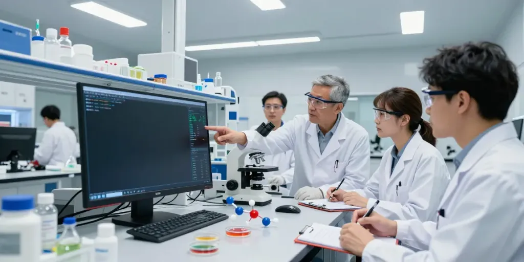Researchers studying bronchogen peptide in a modern lab, illustrating lung health innovations.