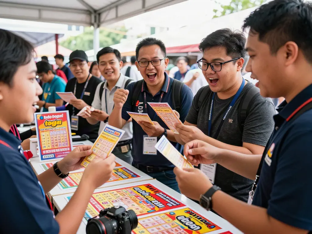 Sekelompok teman bersemangat memegang tiket toto togel di acara undian.
