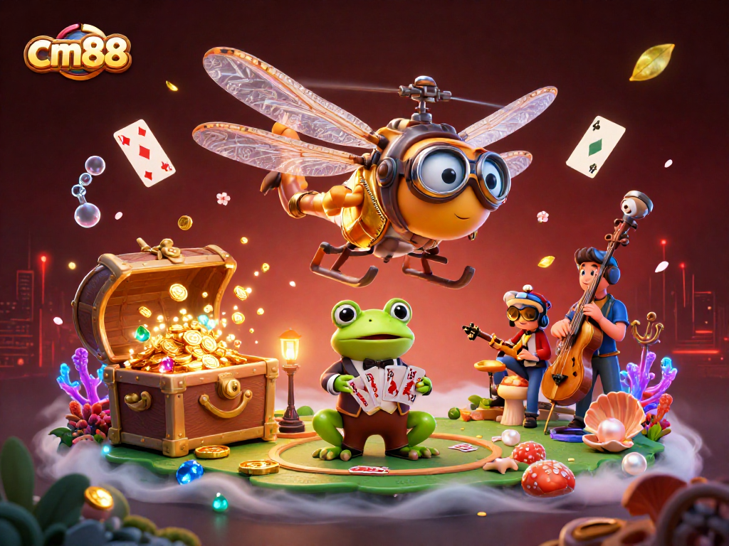 Experience thrilling moments at cm88 with a 3D dragonfly pilot and frog croupier in an engaging casino scene.