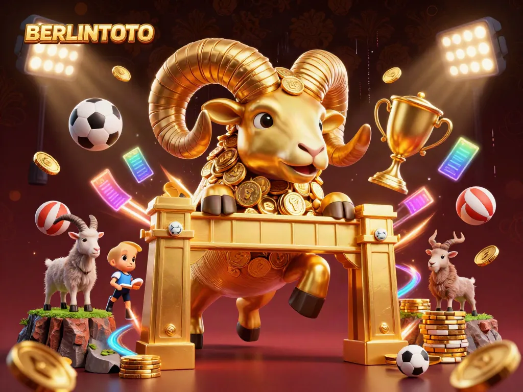Berlintoto unleashes fortune with a dynamic charging ram illustration surrounded by sports elements and excitement.