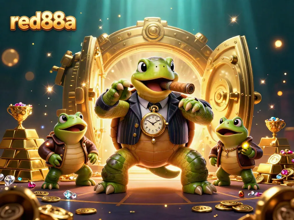 Experience the thrill of red88a with a dynamic illustration of a gambling scene featuring a turtle mobster and bullfrog enforcers.