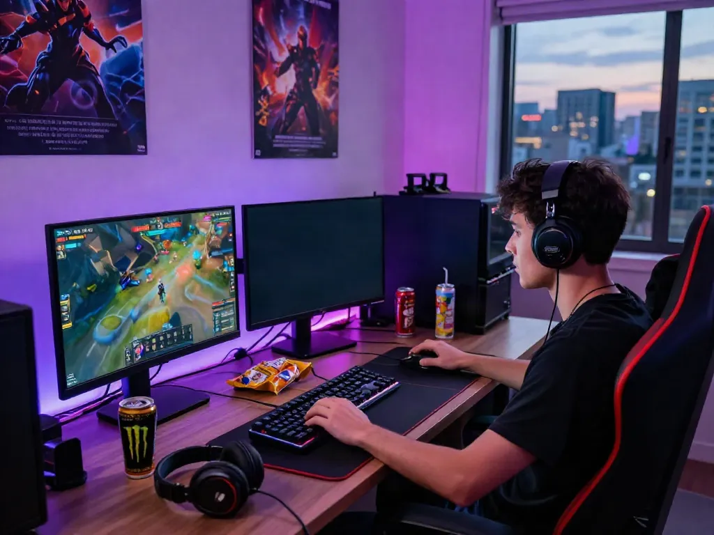 Engaged gamer immersed in gameplay at QQMacan, showcasing vibrant monitors and gaming peripherals.