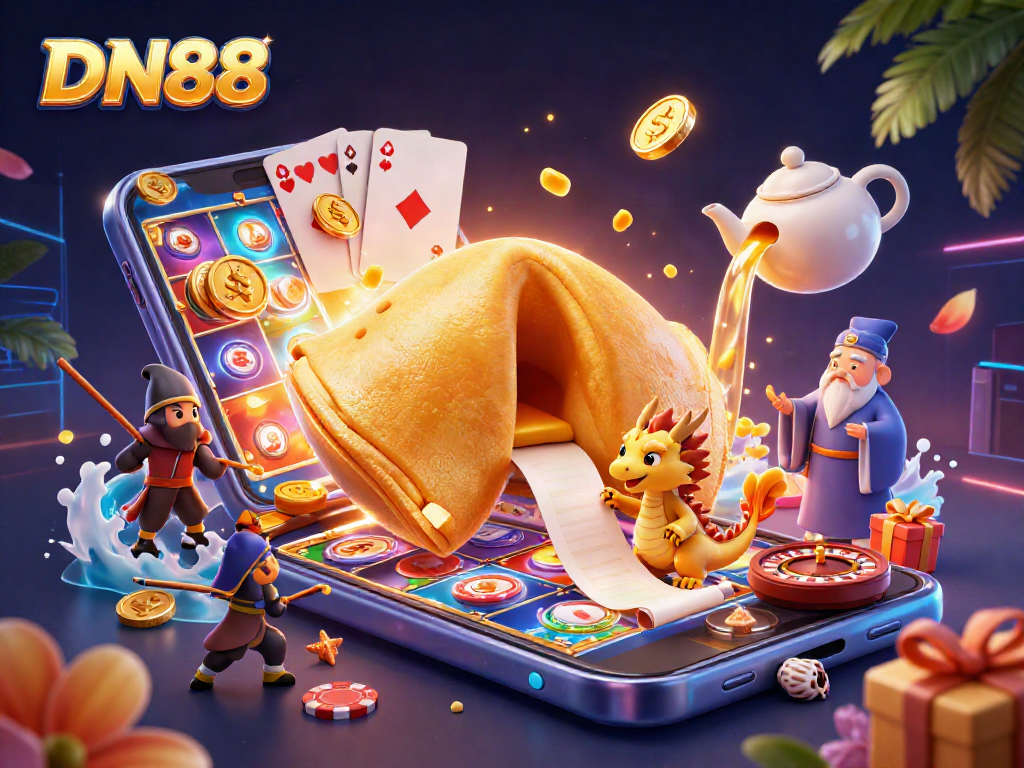 Engage with DN88's vibrant casino world featuring a golden fortune cookie and gaming elements.