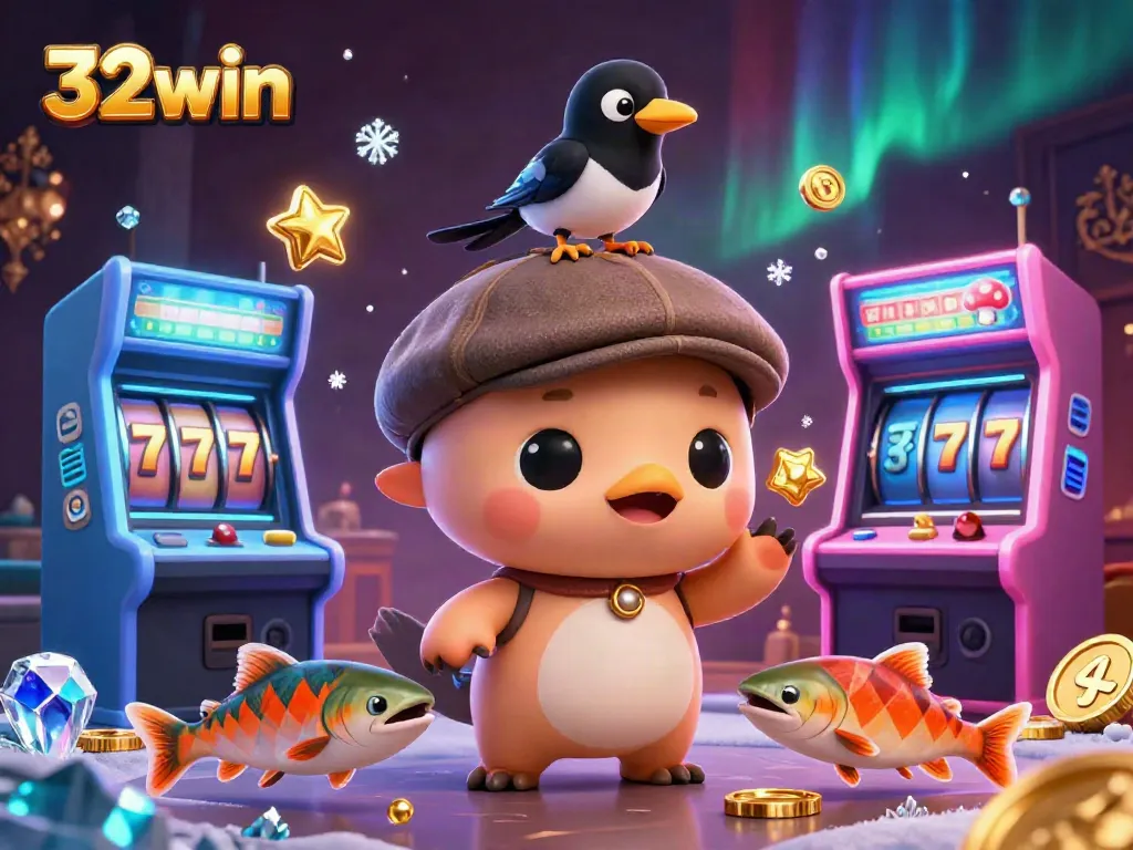 Play exciting games at 32win, illustrated with a whimsical scene featuring cartoon characters and casino elements.