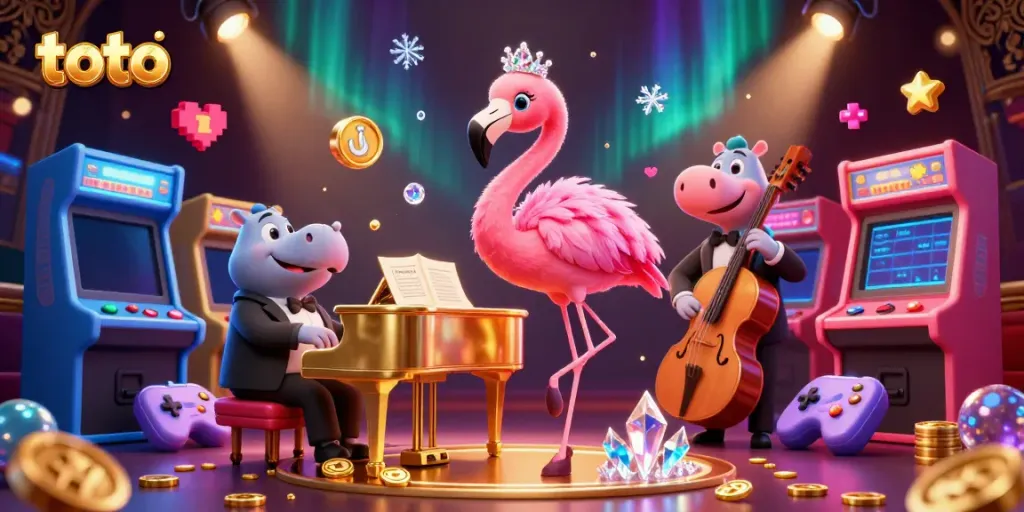 Experience exciting toto gameplay in a vibrant casino scene featuring animated characters and gaming elements.