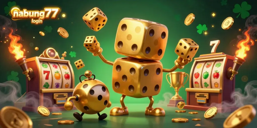 Experience thrilling wins with nabung77 login as a golden dice golem juggles symbols in this vibrant casino scene.