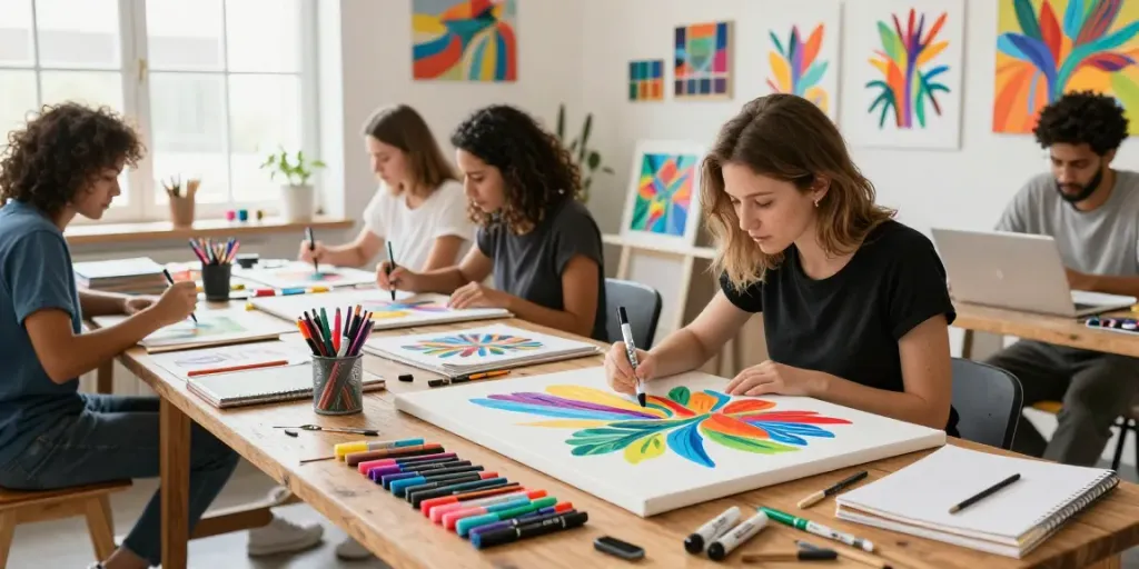 Group of artists actively utilizing marker pens in a bright studio, showcasing creativity and collaboration, as a leading marker pen supplier.