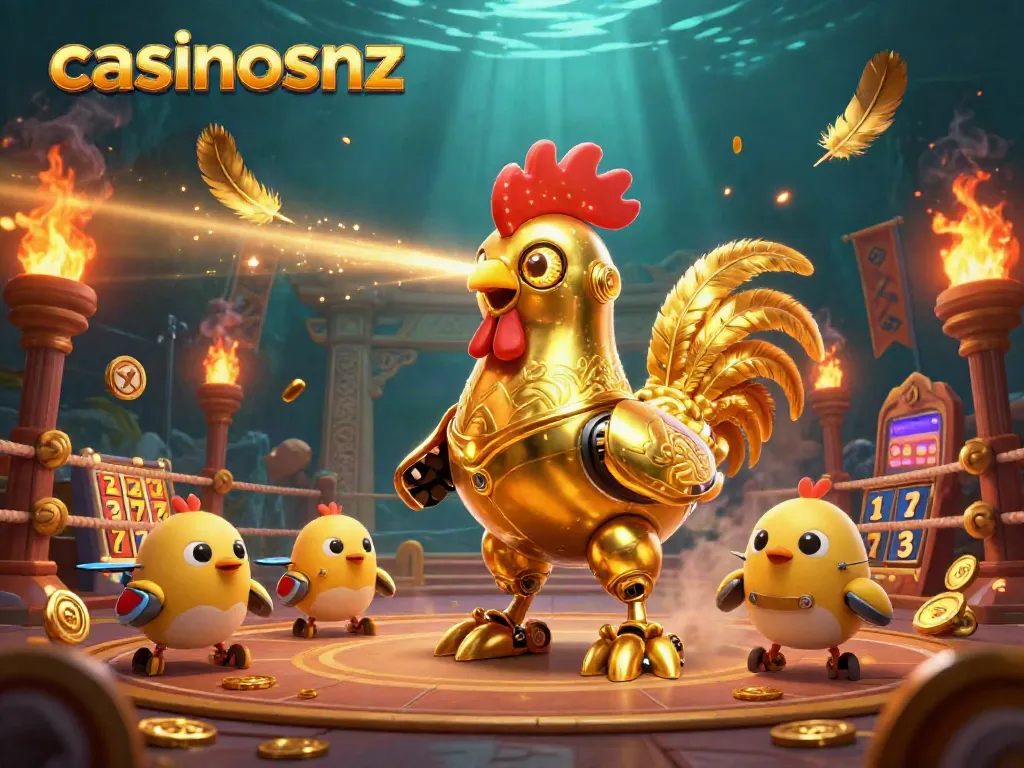 Engage with casinosnz through a vibrant, dynamic casino-themed scene featuring a golden rooster robot.