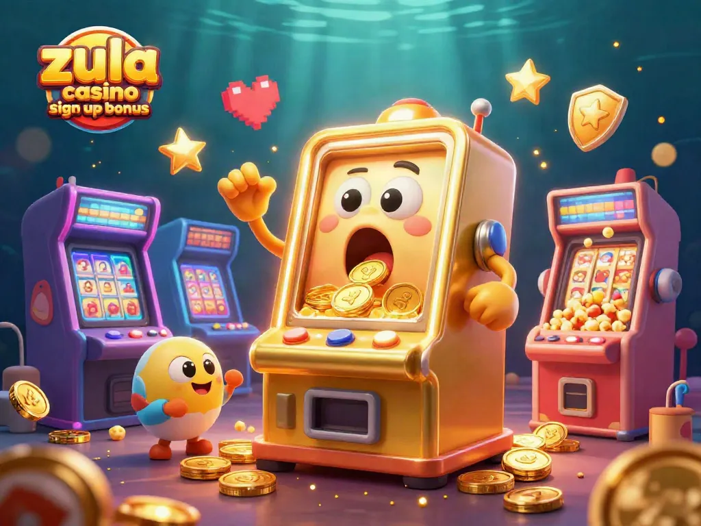 Zula Casino sign up bonus with lively slot machine illustration showcasing a shocked character winning coins.