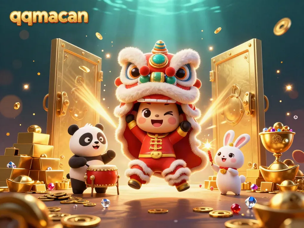 Engage in thrilling gameplay on qqmacan with a vibrant scene featuring a dragon dance and treasures.