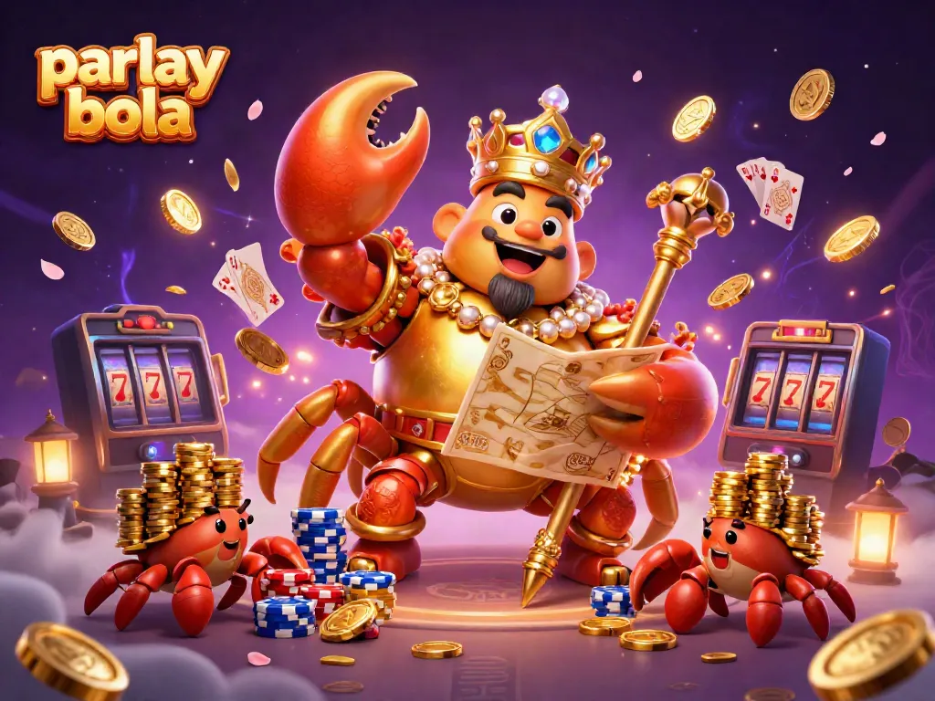 Experience parlay bola thrills with a golden crab emperor surrounded by casino treasures and vibrant gaming elements.