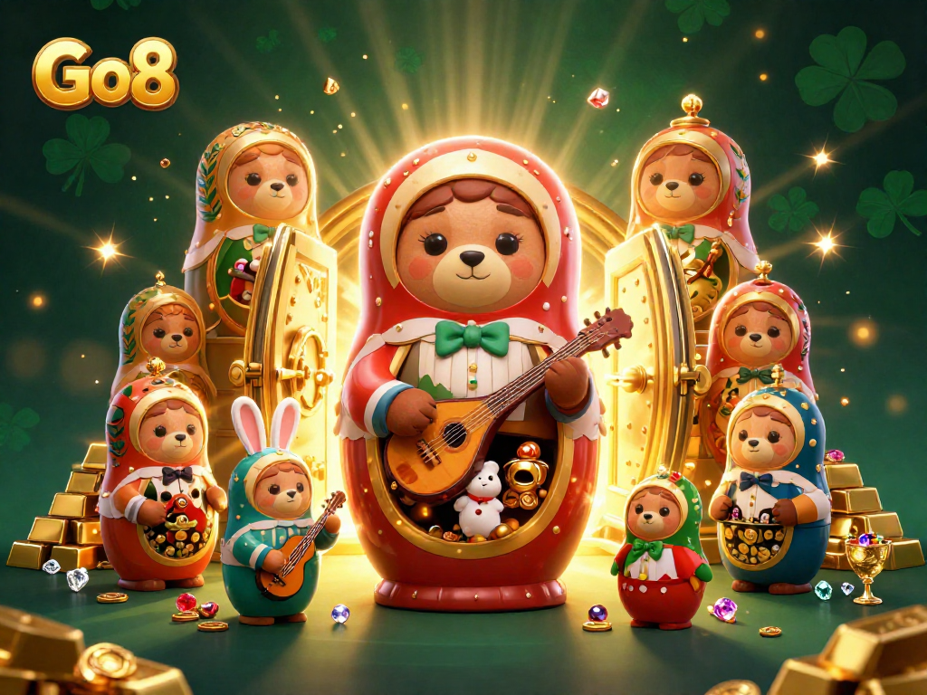 Experience the thrill of Go8 casino with vibrant cartoon characters and luxurious treasures.