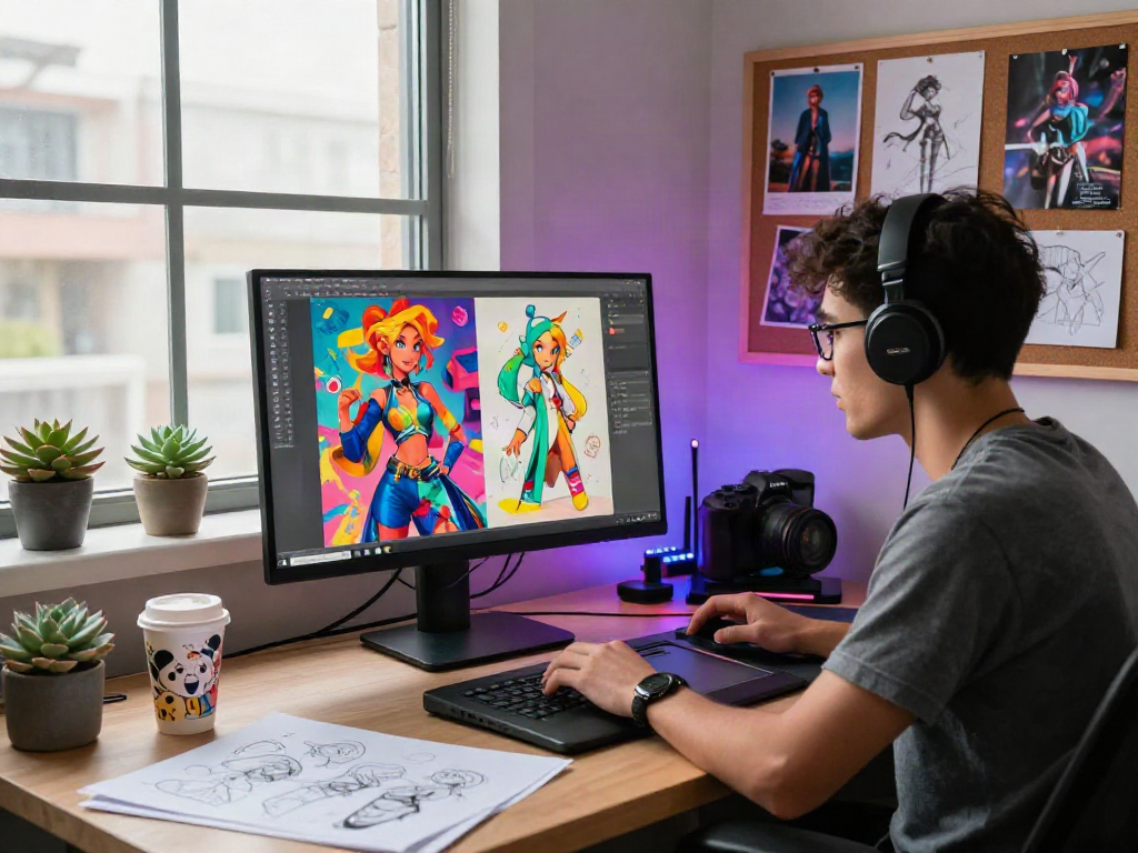 Dynamic artist creating character ai nsfw designs in modern studio.