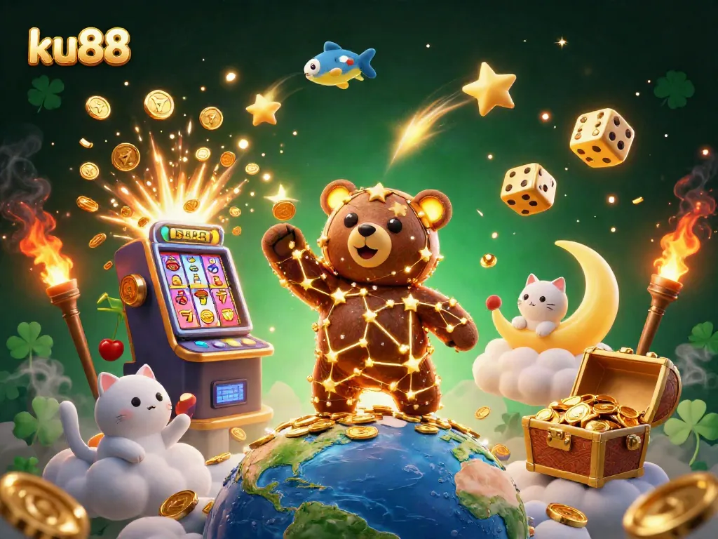 Win big at ku88 with an exciting 3D casino illustration showcasing winnings and vibrant gaming elements.