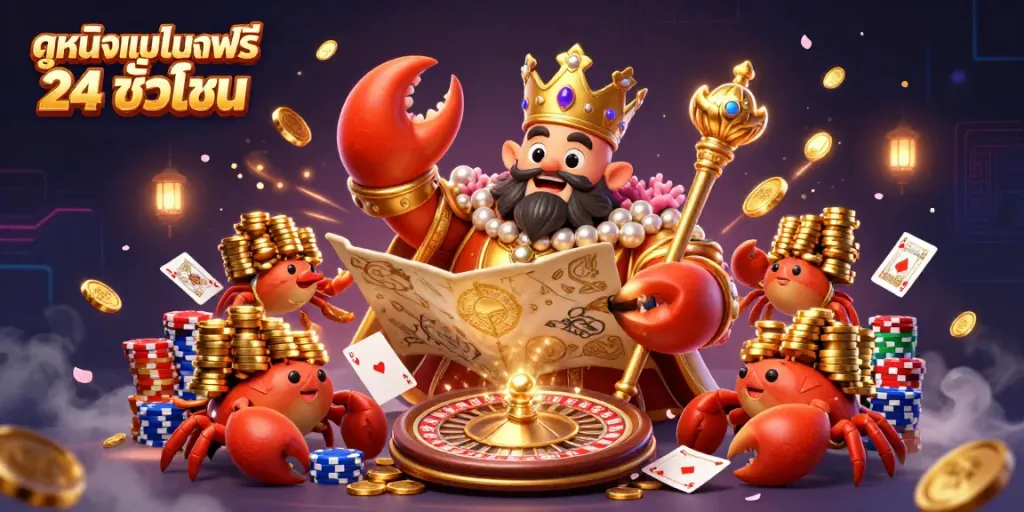 Experience the excitement of ดูหนังออนไลน์ฟรี 24 ชั่วโมง with the golden crab emperor and a vibrant casino backdrop.
