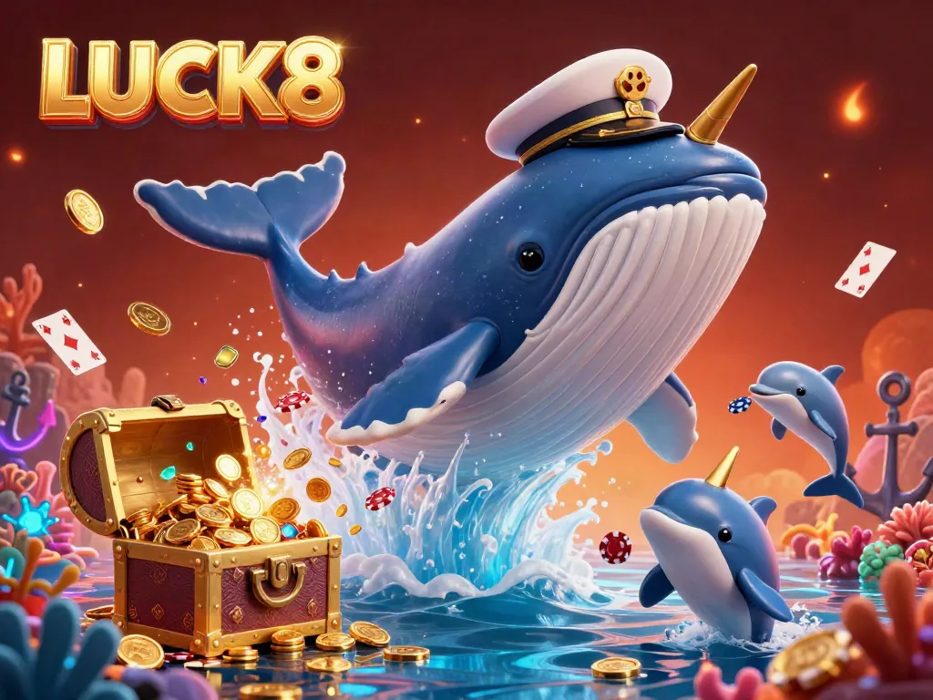 Experience LUCK8's vibrant casino adventure with an animated whale and dolphins in a treasure-filled underwater world.