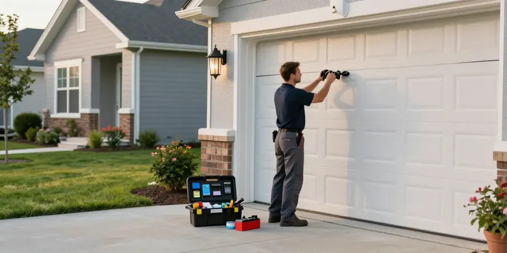 Expert garage door repair in Morley with technician fixing a sectional door.