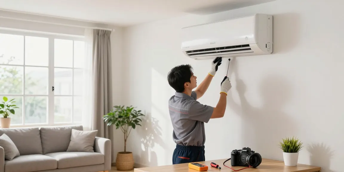 Technician performing Split AC repair in a modern living room, highlighting service expertise.