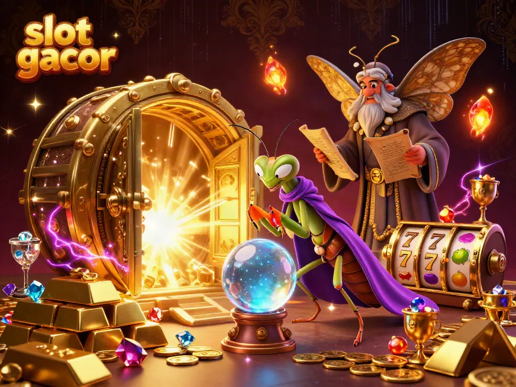 Engage in thrilling slot gacor action with a mystical fortune teller and treasures illuminating the scene.