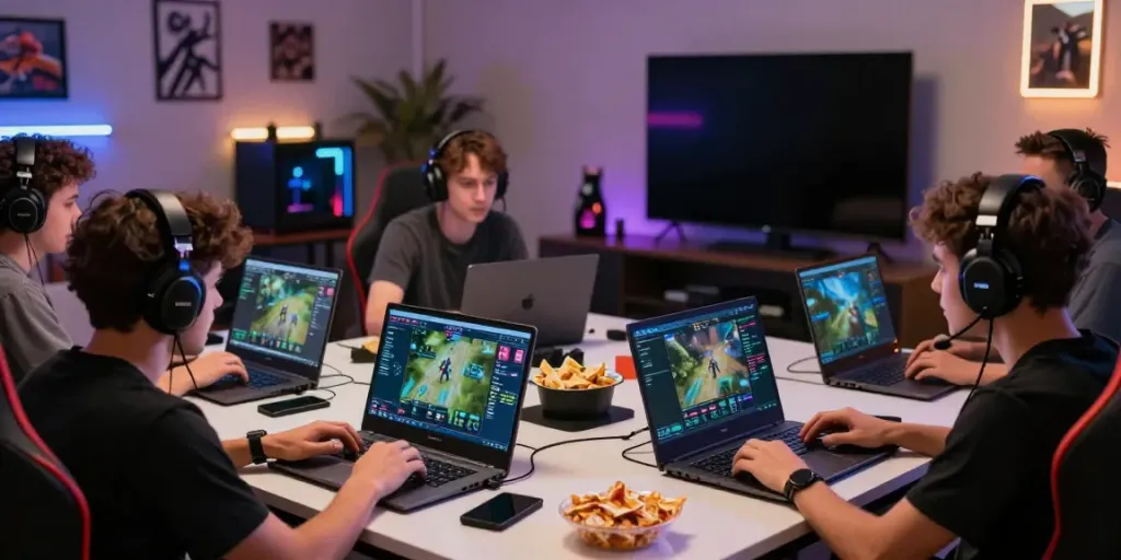 Suasana seru permainan online dengan kelompok gamer menikmati pengalaman bermain sambil berdiskusi tentang bukumimpi138 link.