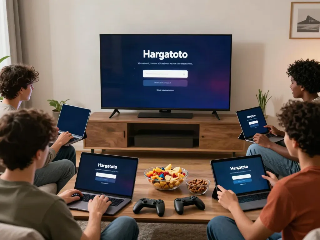 Friends enjoying a gaming night, accessing Hargatoto login on multiple devices.