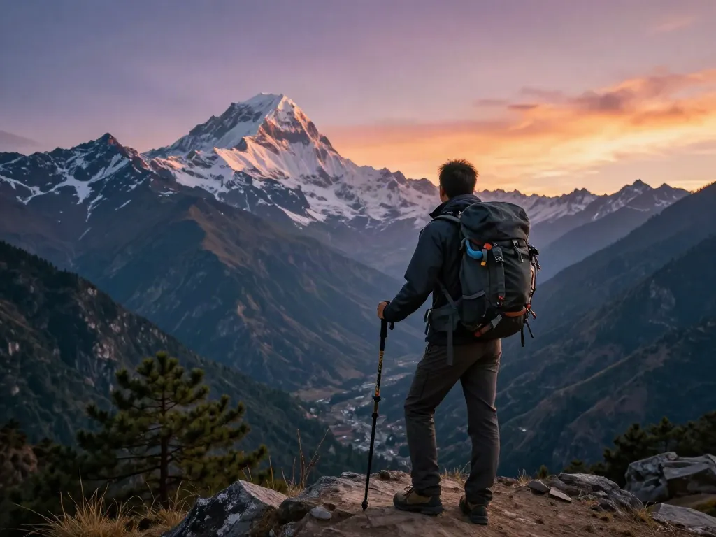 Manaslu Trek: Adventurous traveler at mountain viewpoint during sunset.