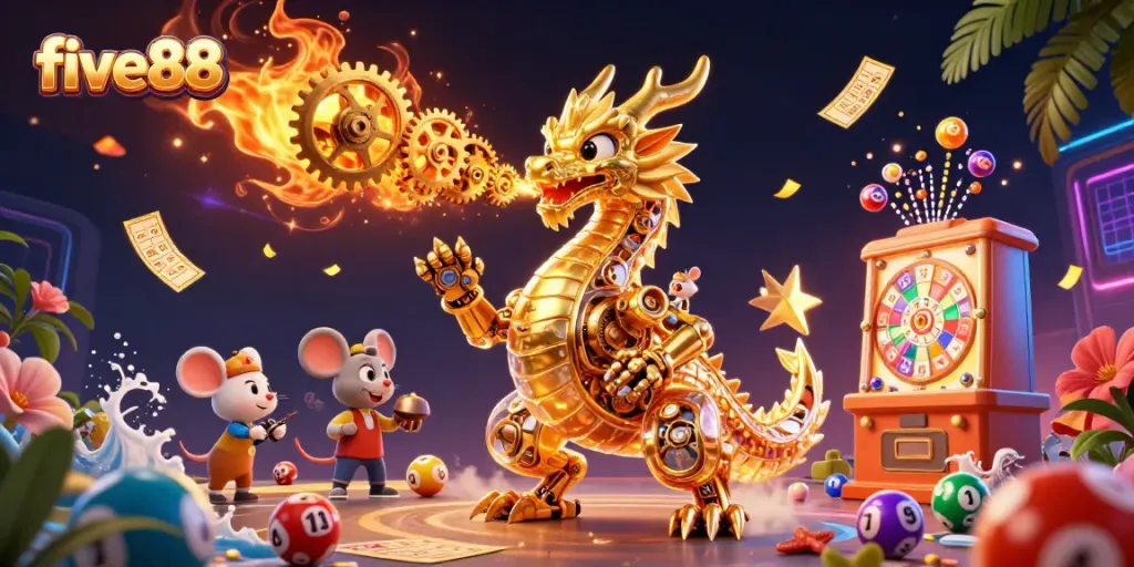 Experience thrilling gambling at five88 with vibrant lottery balls and a golden dragon icon.
