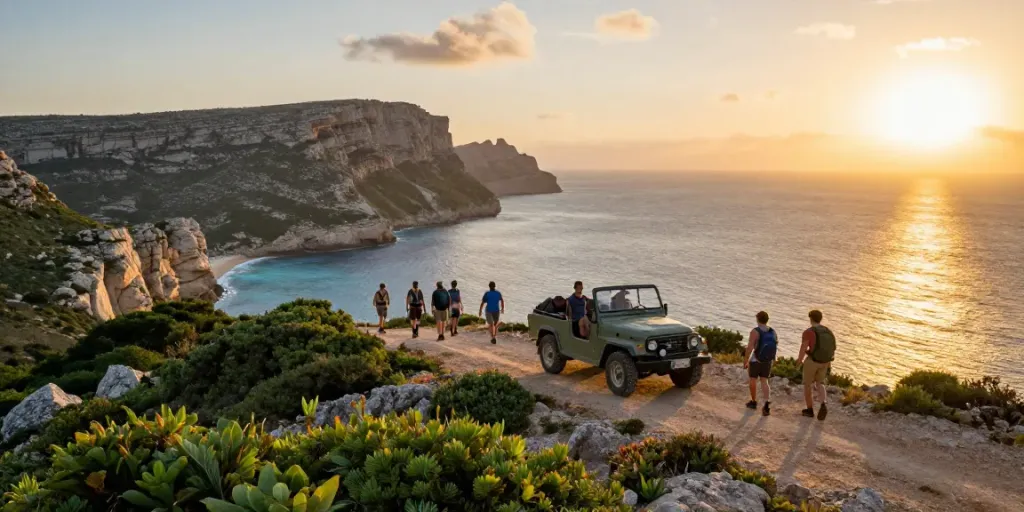 Gozo jeep tour exploration at sunset with scenic views and adventurers in jeep.