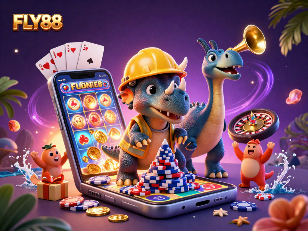 Join FLY88 as a cheerful triceratops constructs a stack of poker chips amidst a vibrant casino scene.