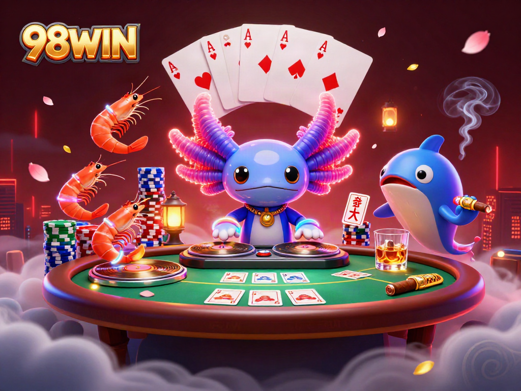 Experience thrilling action with 98WIN at a vibrant poker scene featuring a DJ axolotl.