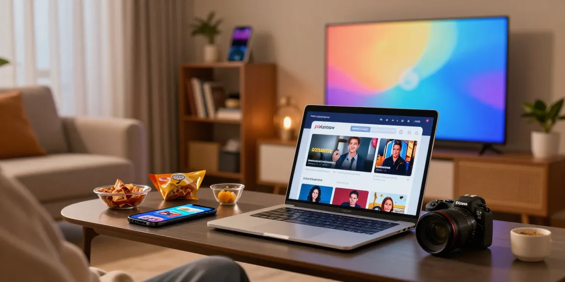 Enjoying the pikashow app streaming on a modern laptop in a cozy home environment.