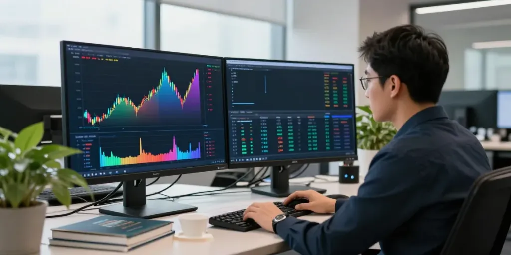 The True Trade Futures Trading analyst reviewing market trends in a modern financial office.