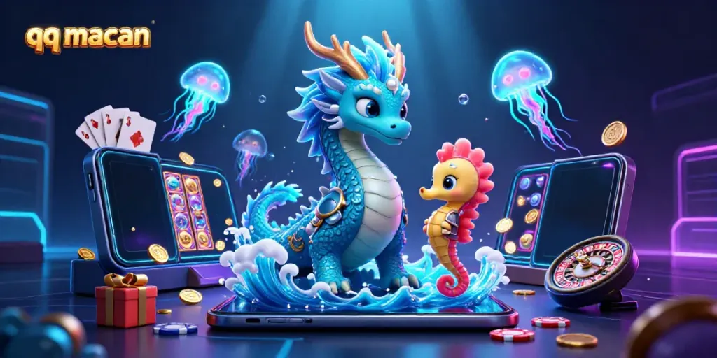 Experience the vibrant world of qq macan with a dynamic underwater casino scene including slot games and cheerful characters.