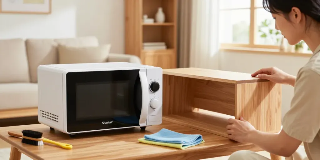 SHASHEL® microwave device in a cozy living room, demonstrating effective wood treatment against wood-boring insects.