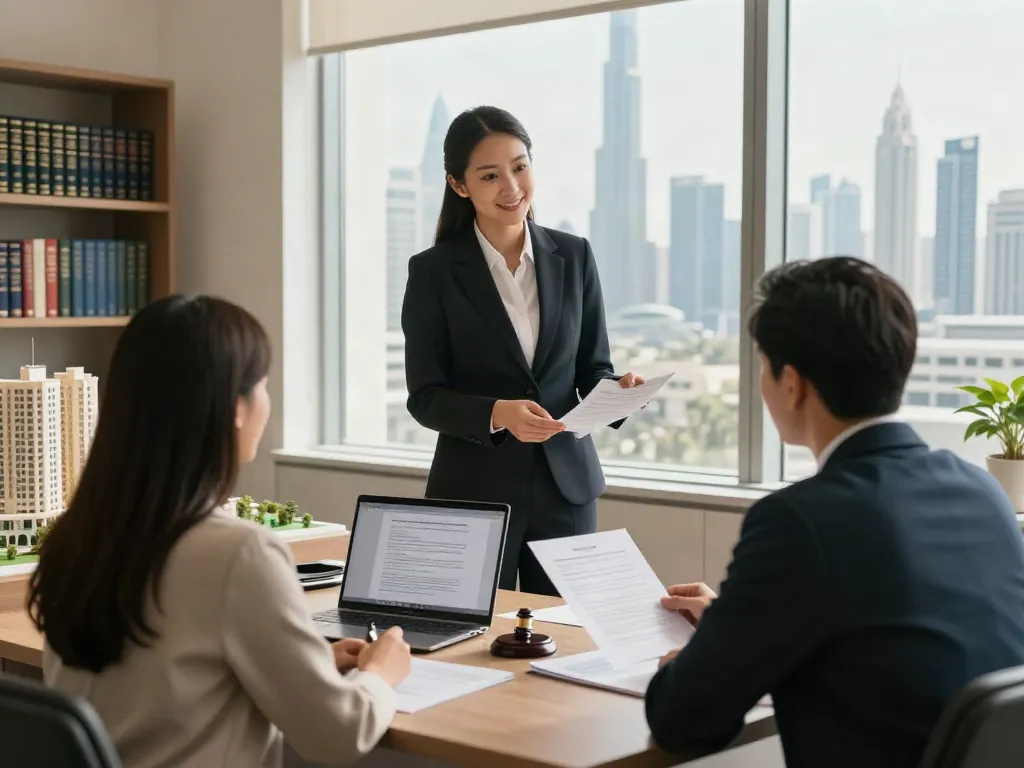 Property Lawyer Dubai Real Estate Dispute Lawyer consulting clients in a Dubai office with a skyline view.