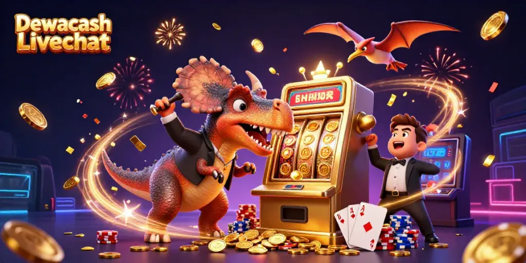 Dewacash Livechat features vibrant 3D cartoon illustration of dinosaurs in a casino jackpot scene