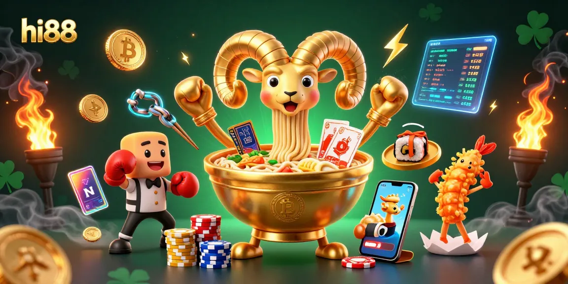 Engaging scene with hi88's golden ramen bowl character dealing cards amidst vibrant casino elements.
