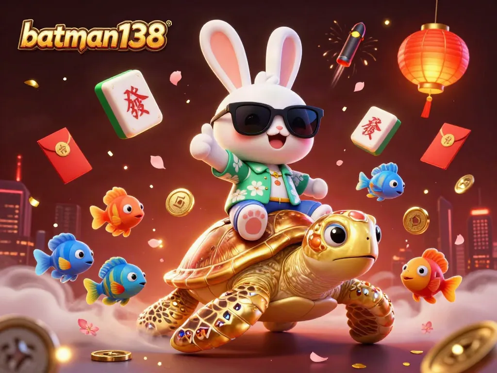 Enjoy thrilling gaming with batman138's lucky rabbit and golden turtle amidst festive elements.